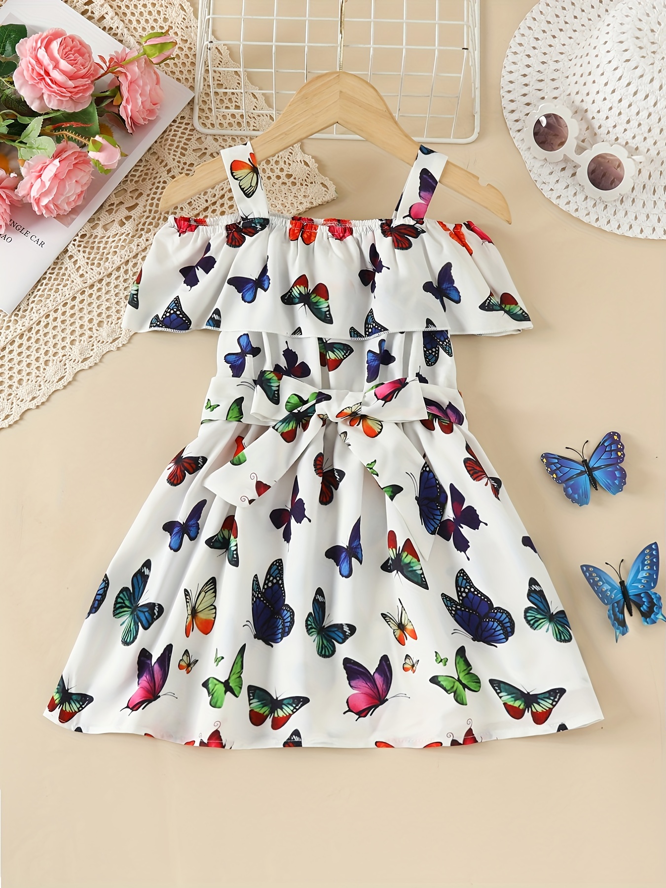 Toddler Girls Butterfly Graphic Cold Shoulder Ruffle Trim Princess ...