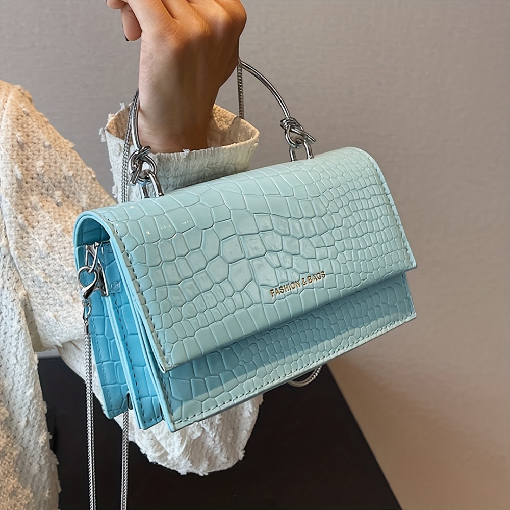 Mini Flap Square Bag Crocodile Embossed Minimalist Green