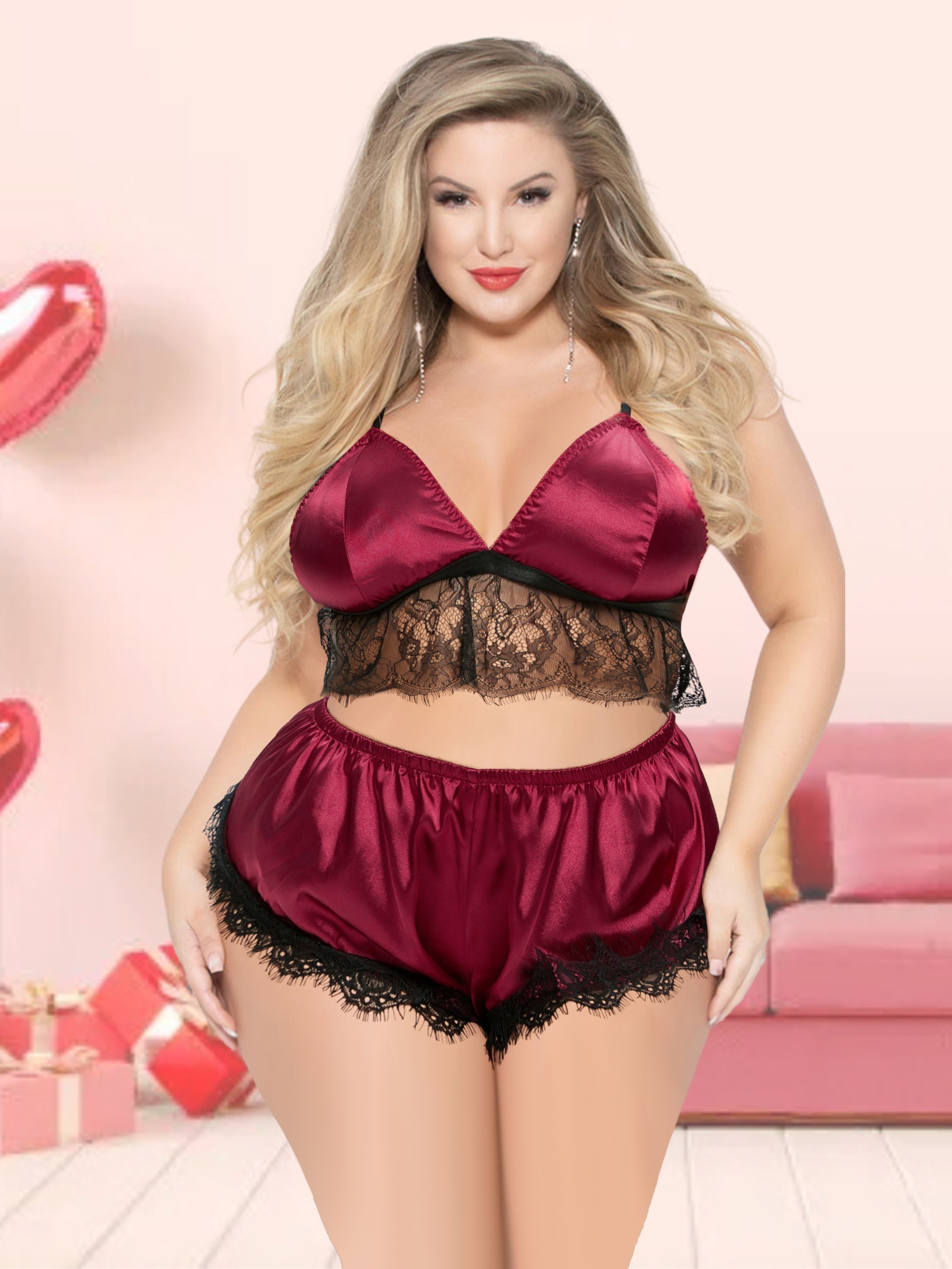 Sexy Waves Plus Size Eyelash Lace Underwire Babydoll and G-String
