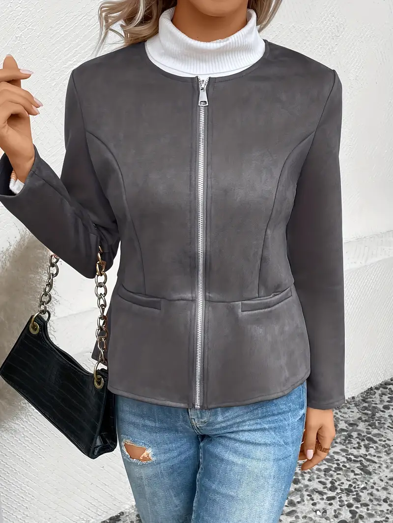 plus size elegant jacket womens plus solid long sleeve zip up round neck jacket details 27