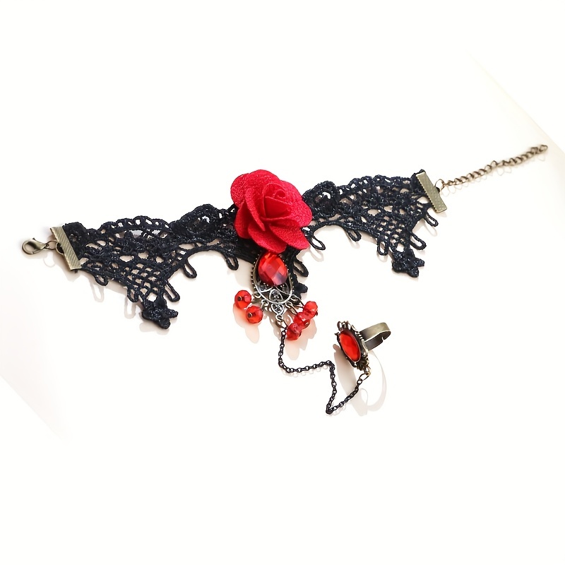 vintage halloween red rose design bracelet ring integrated mitten bracelet party decoration accessories details 5