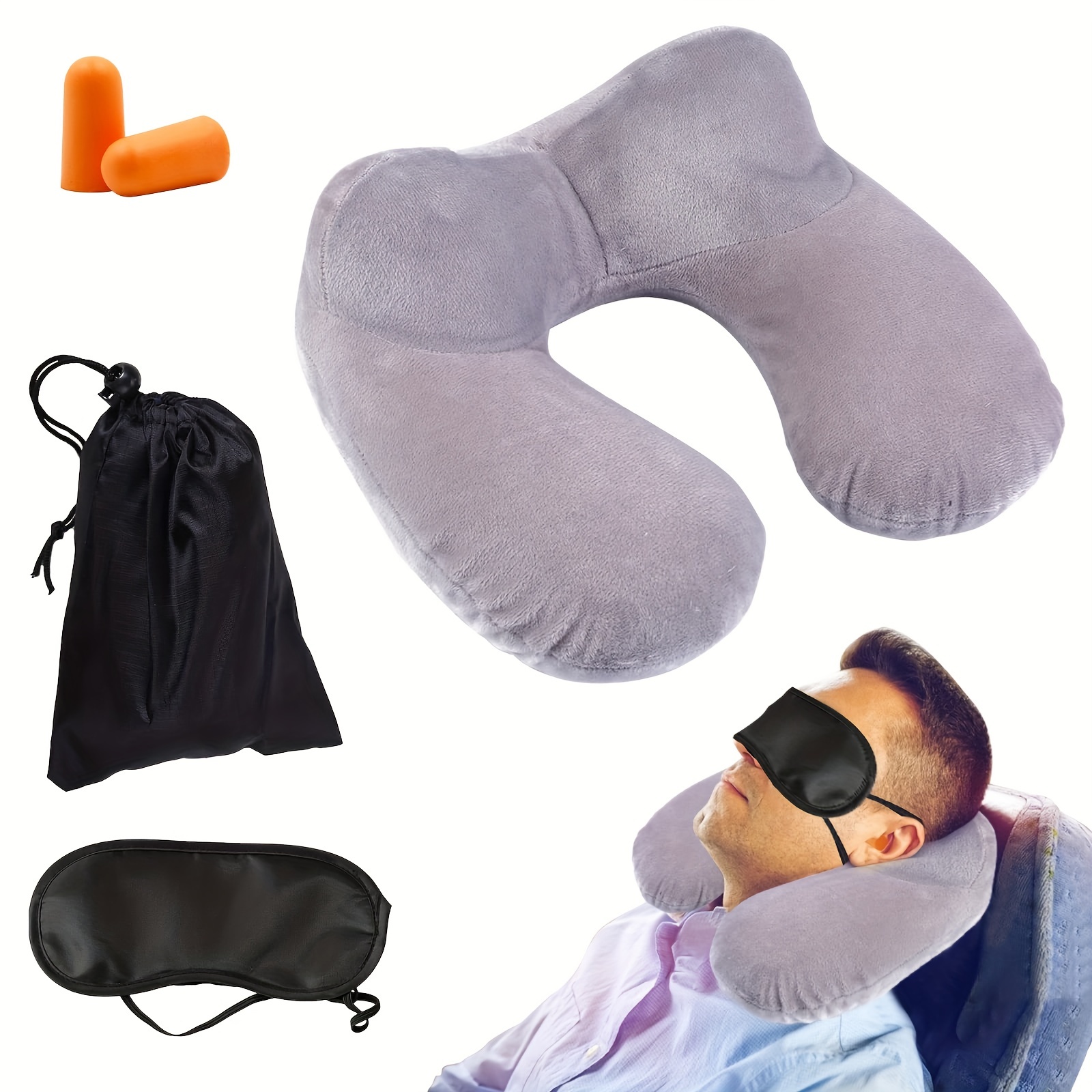 Almohada de viaje inflable, almohada para el cuello del avión que soporta  cómodamente la cabeza, el cuello y la barbilla para aviones, trenes,  automóviles y siestas en la oficina (gris) oso de