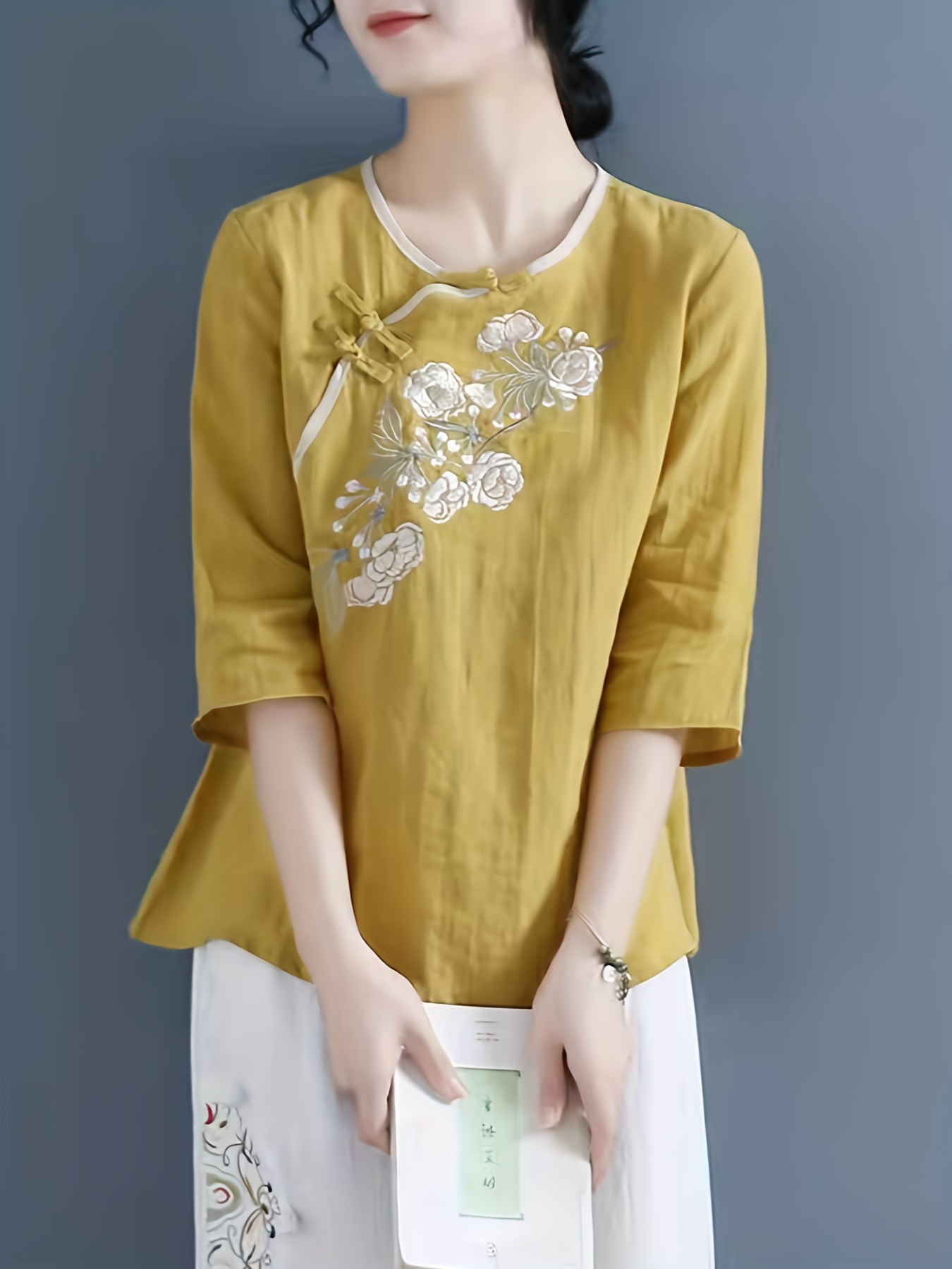 Beautiful yellow o neck linen cotton clothes For Women Shirts half sleeve  summer blouses