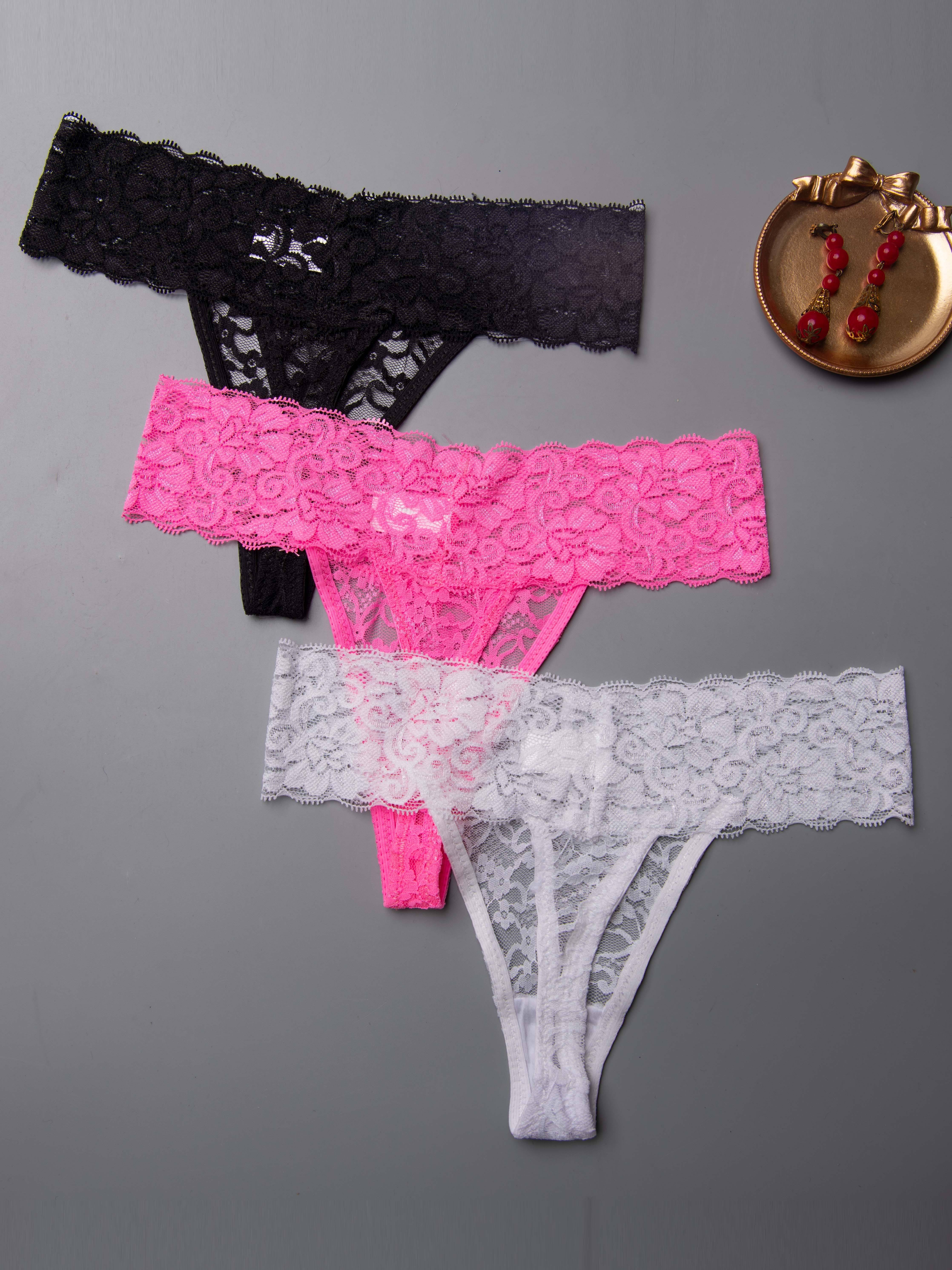 Solid Floral Lace Thongs Comfy Low Waist Intimates Panties - Temu