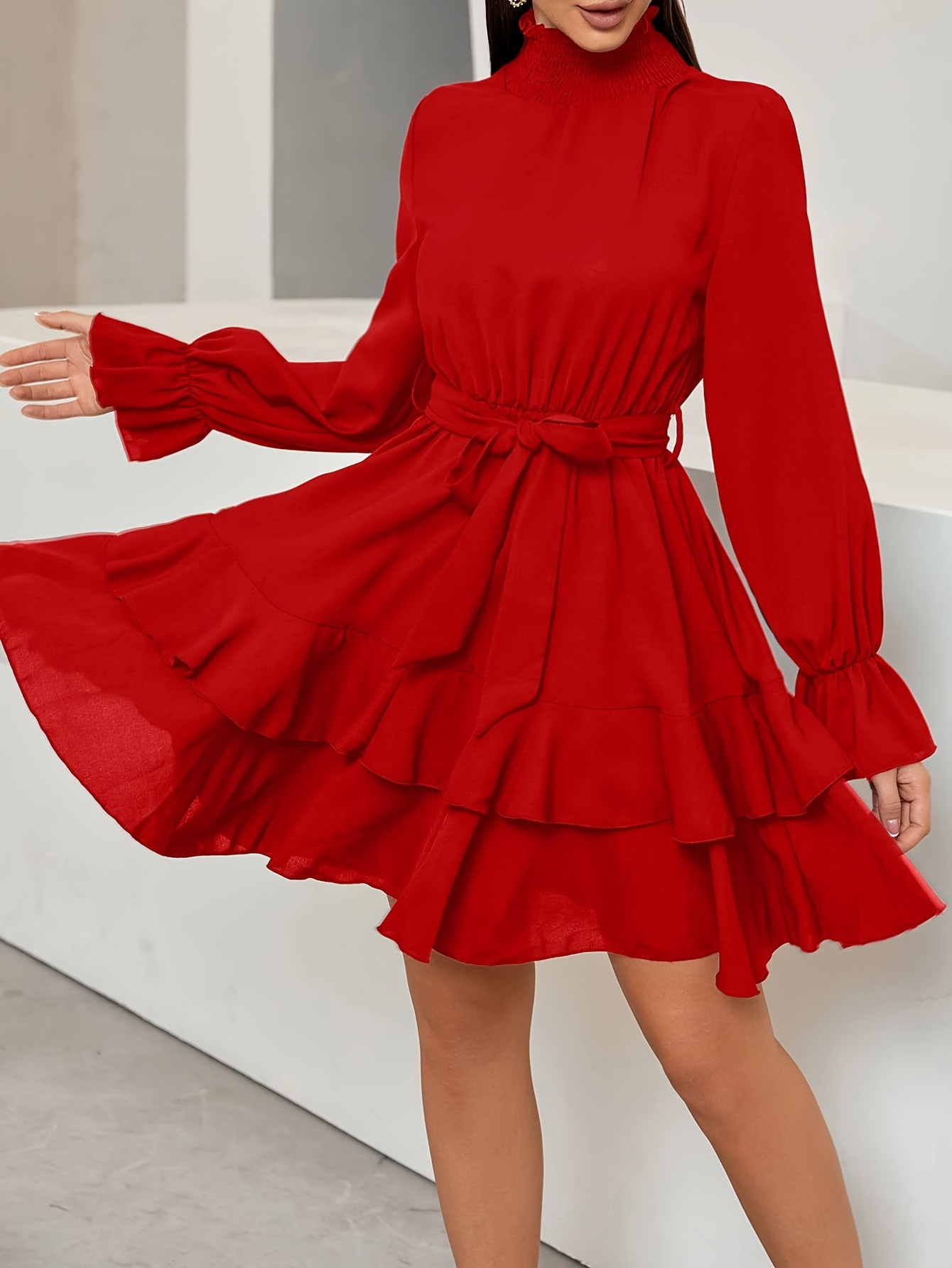 Ruffle Trim Solid Dress, Elegant Flowy Swing Frill Dress For Fall & Spring,  Women's Clothing