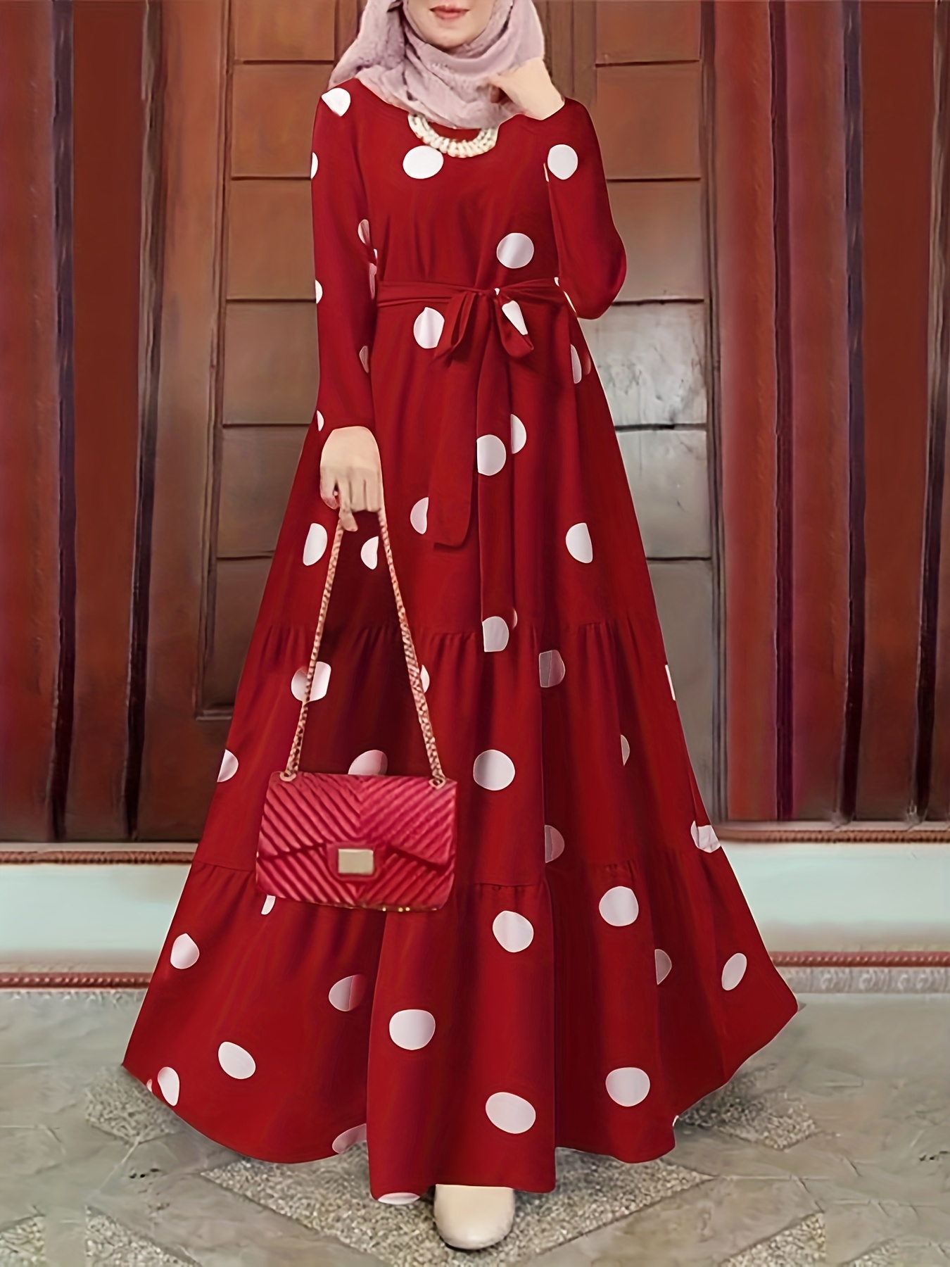Ramadan Polka Dot Print Kaftan Dress Casual Long Sleeve - Temu