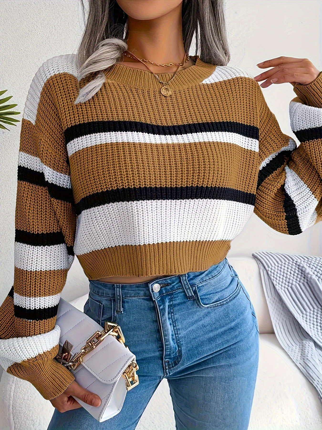 Striped Crew Neck Crop Sweater Casual Long Sleeve Sweater - Temu