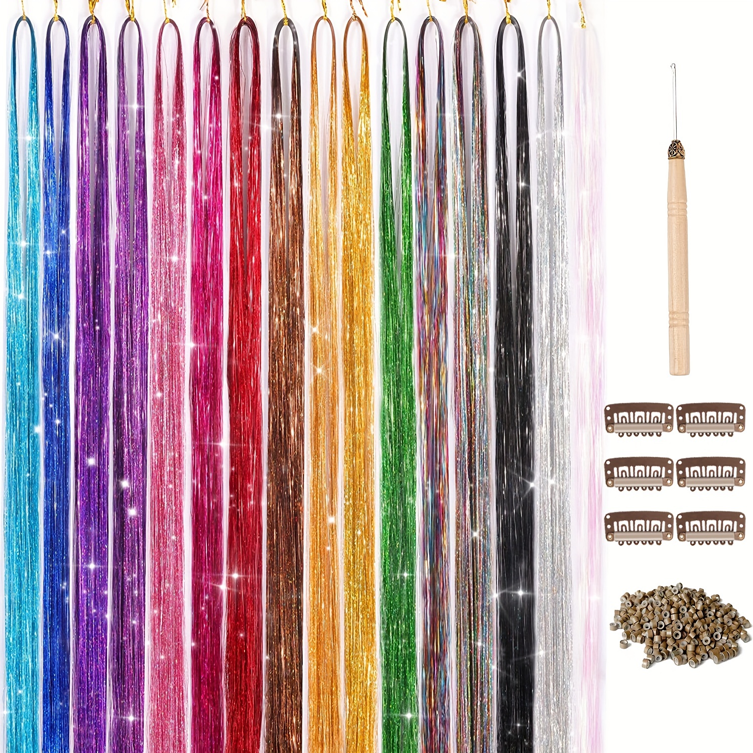 

Hair Tinsel Kit, Colourful Fairy Tinsel Hair Extensions Heat Resistant With 16/12 Color 48inch 3200/2400 Stands Glitter Sparkle Shiny Hair Accessories Set Heat Resistant For Girls Women