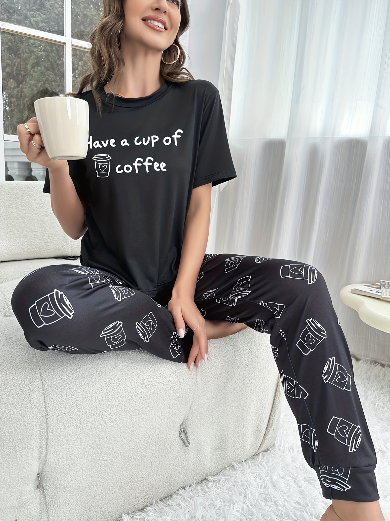 Coffee Letter Pattern Lounge Set, Casual & Comfy Short Sleeve Top & Elastic  Long Pants, Women's Sleepwear & Loungewear