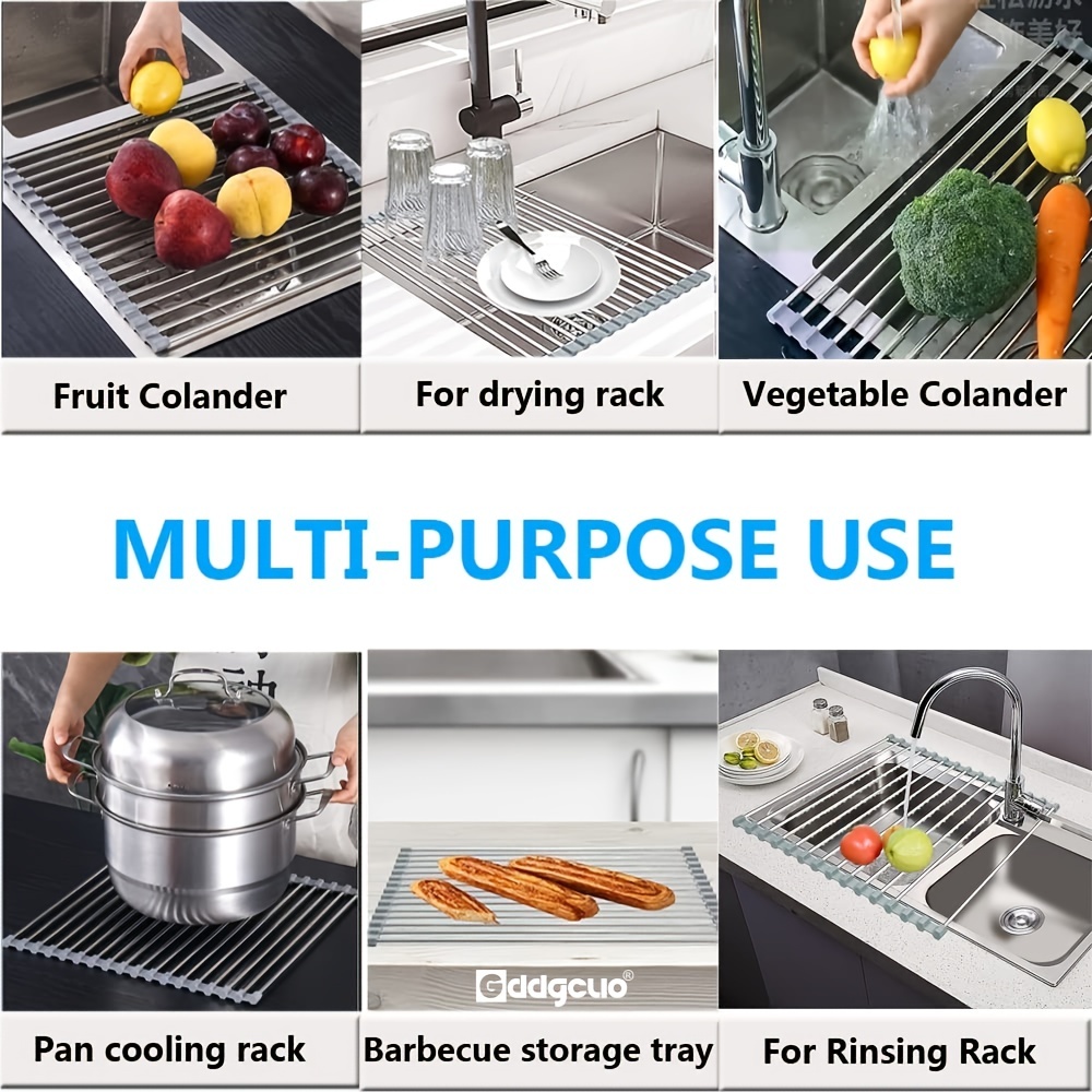 1pc multifunctional dish drying rack sink drain rack for kitchen stainless steel silicone heat resistant non slip roll up removable utensil holder for cups fruits vegetables grey large details 0
