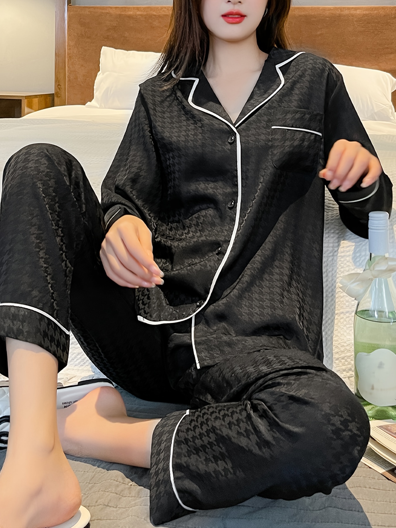 Plaid Pajamas Set Button Up Blouse Top & Pants
