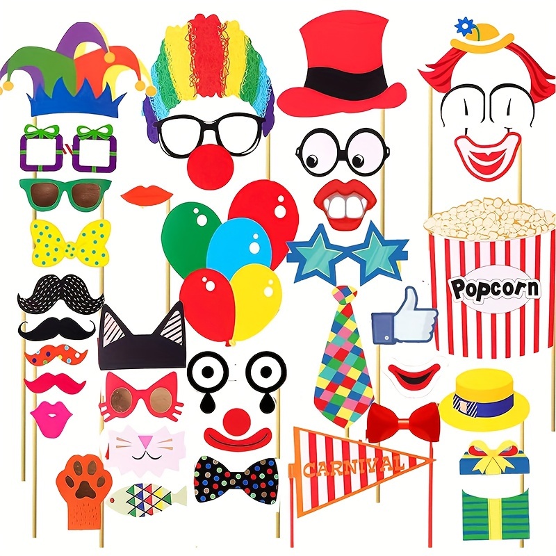 

36pcs Circus Photo Booth Props With Sticker Funny Carnival Theme Party Decorations For Birthday Party, Funny Clown Hat, Glasses, Bow Tie, Popcorn Photo Props