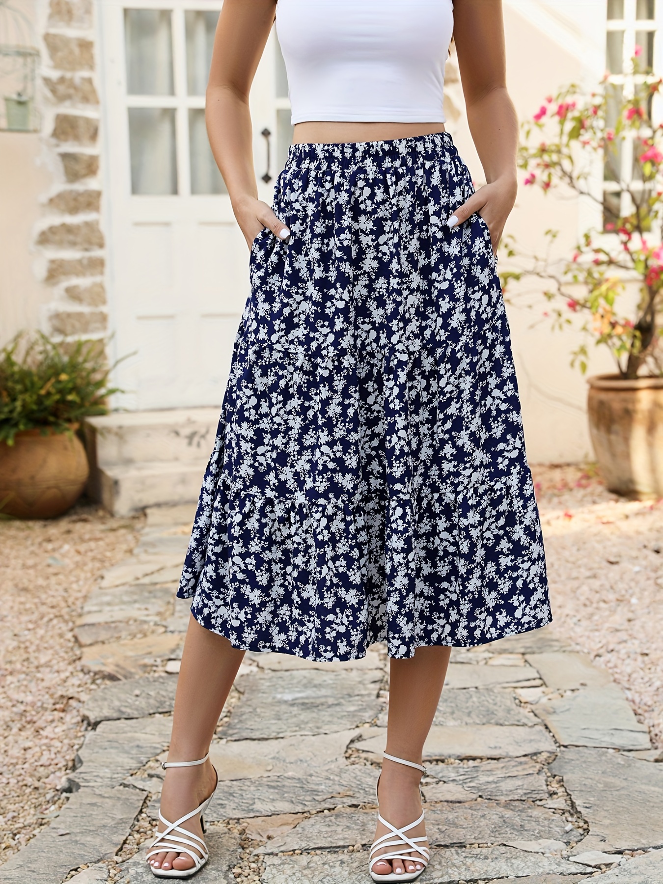 Floral cotton midi skirt