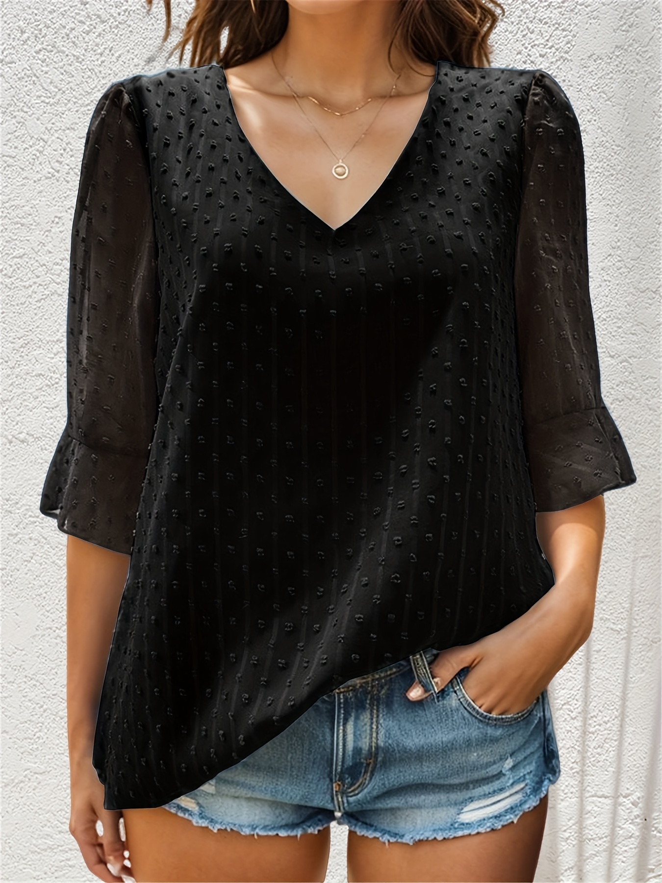 V-neck Loose Chiffon Shirt, Casual 3/4 Long Sleeve Fashion Blouses