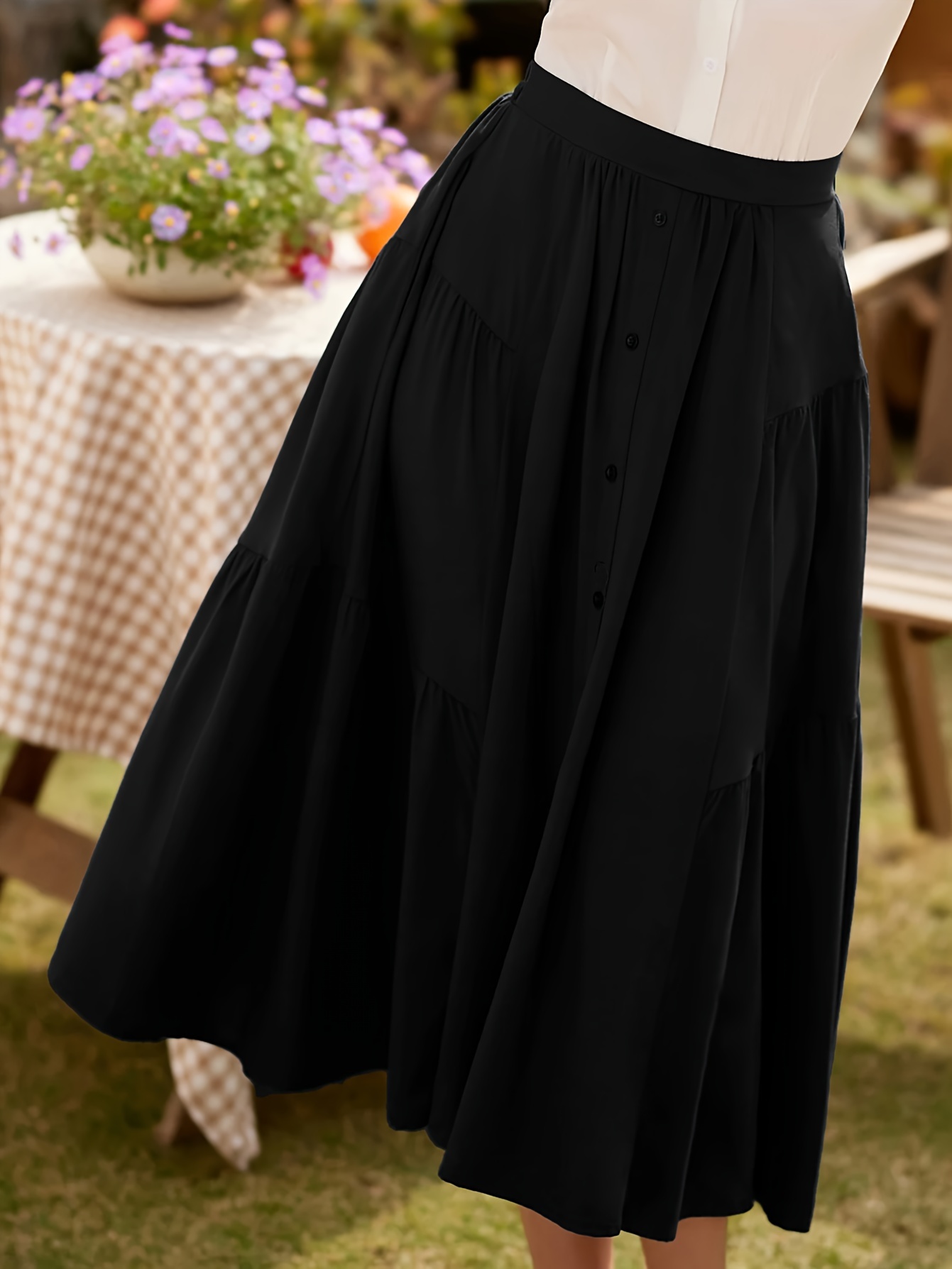Falda larga de verano con botón sólido para mujer, cintura alta, estilo  A-Line