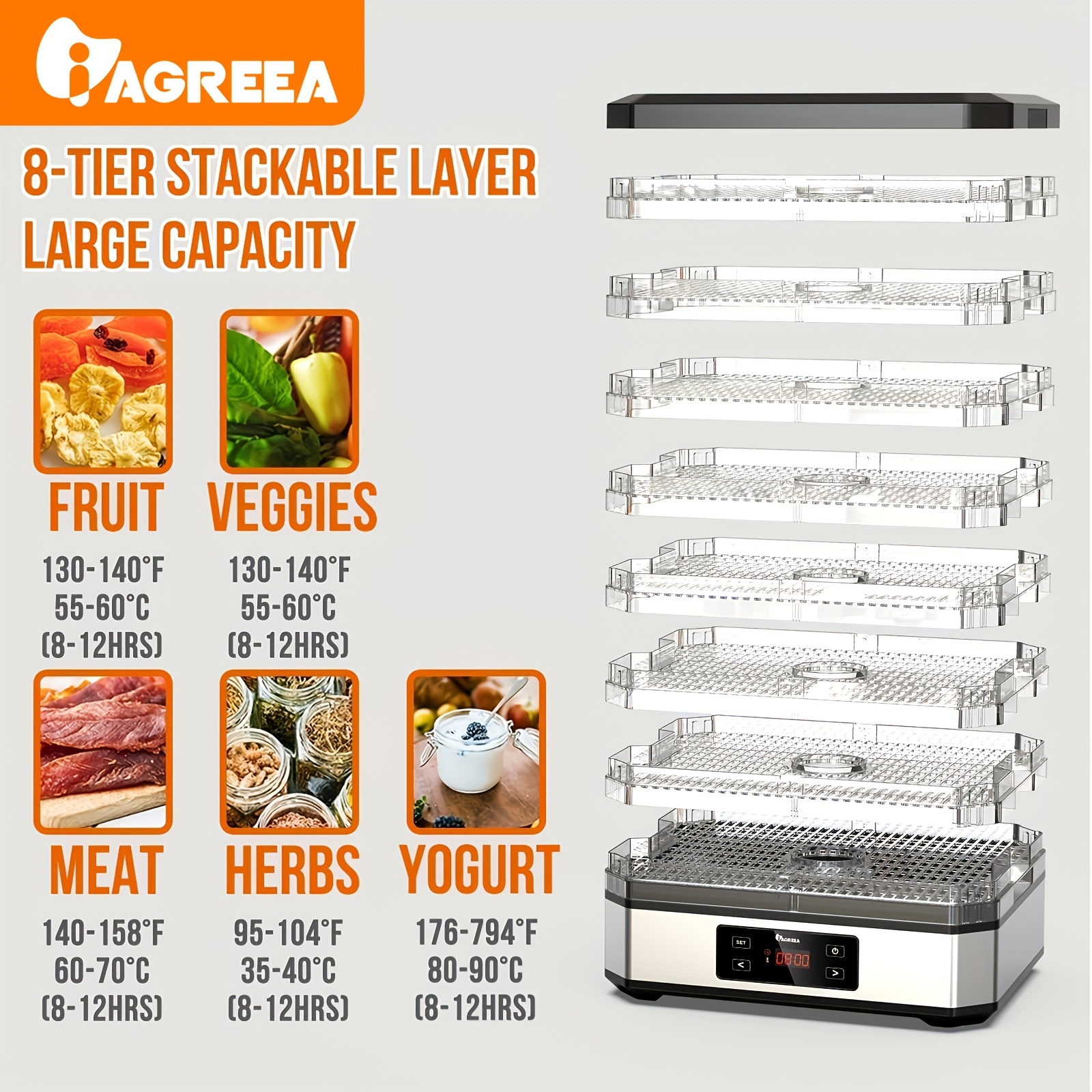 Máquina Deshidratadora De Alimentos IAGREEA, 8 Bandejas, Deshidratador De  Alimentos, Temporizador Digital Y Control De Temperatura, Para Cecina/carne/