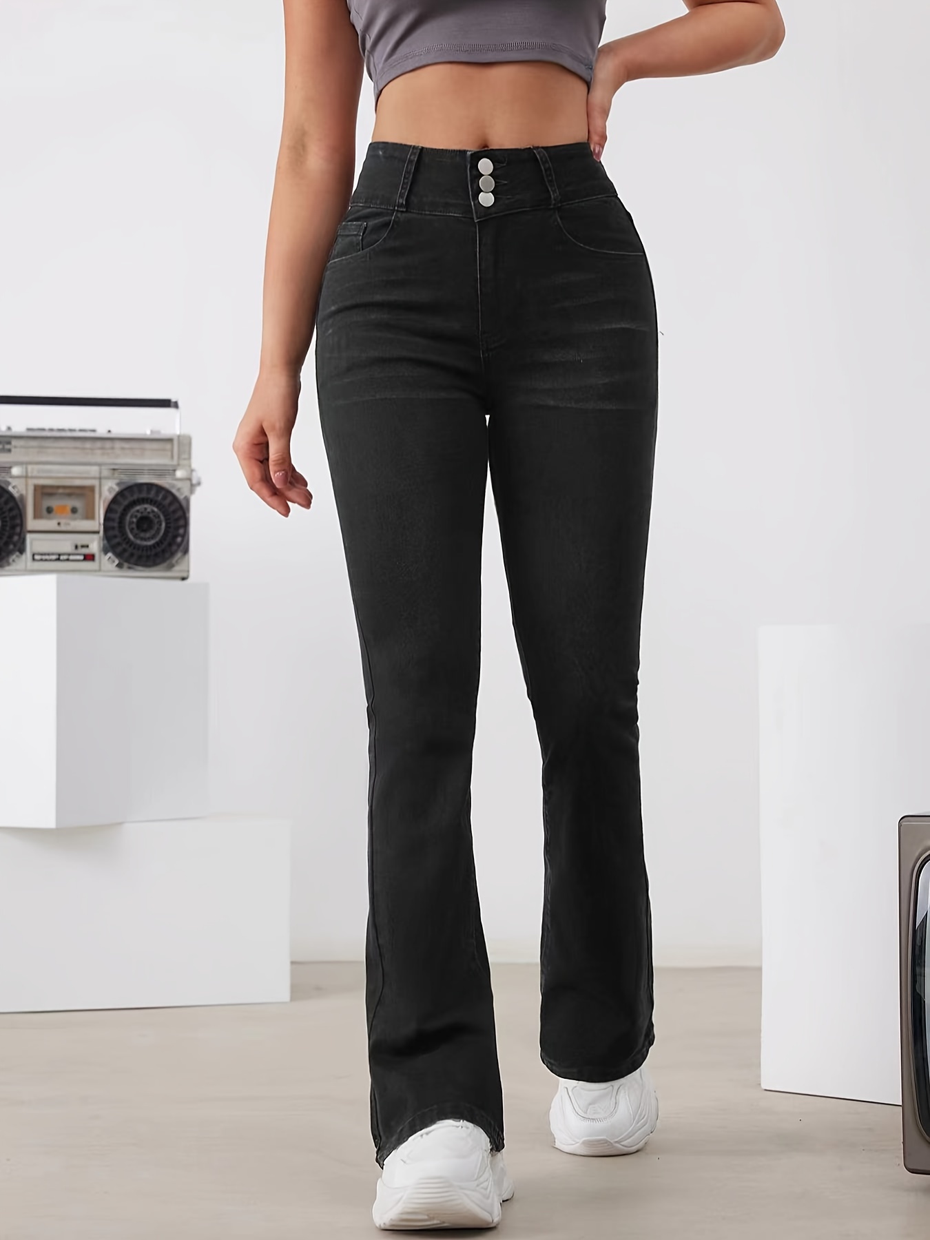 Jeans Ajustados Blancos Lisos, Pantalones De Mezclilla De Tiro Alto Con  Curvas Y Estiramiento Medio, Jeans Y Ropa De Mezclilla Para Mujer