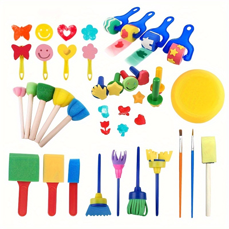 27Pcs Kids Painting Sponge Brushes Early Learning Paint Tools with Hardwood  Handles for Children Graffiti Art Craft Making DIY (Different Shapes)