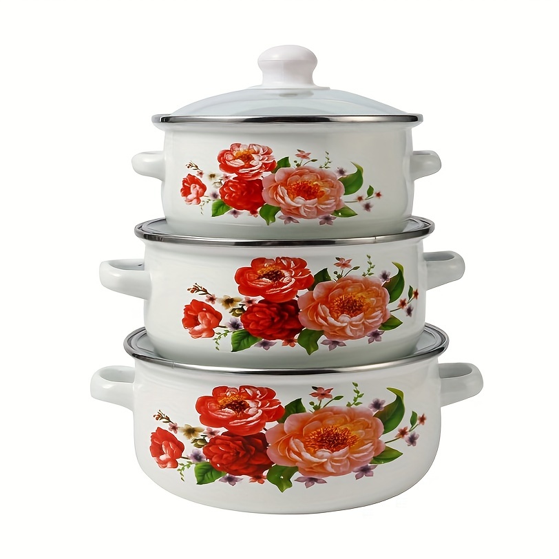 Enamel Pot With Lid For Cooking Green Floral Enamel Stock - Temu