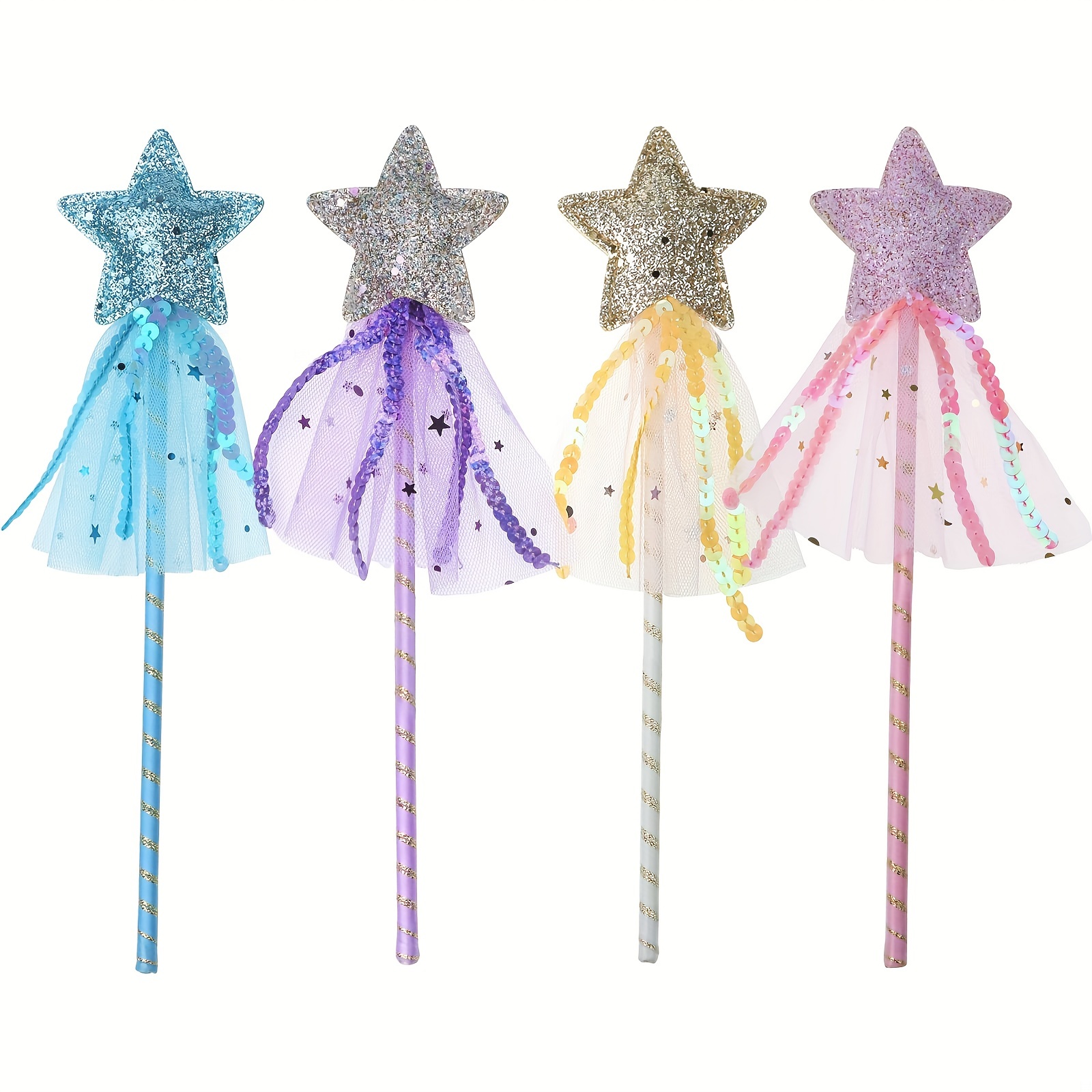 

4pcs Fairy Wands For Girls Bulk Princess Wands For Kids Wand For Party Cosplay Costume Wedding Party Birthday Party Role Play Halloween Christmas Supplies, Pink, Purple, Gold, Blue