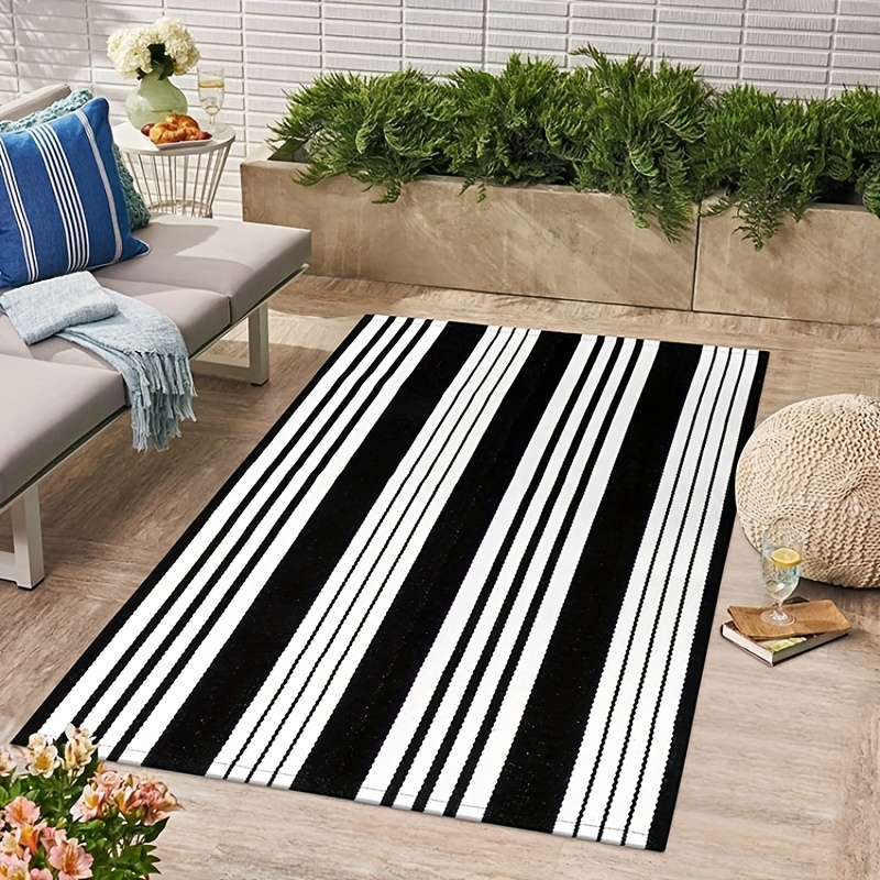Cotton Navy and White Striped Rug 3x5 Outdoor Doormat Washable Woven Front  Porch Decor Outdoor Indoor Welcome Mats for Front Door/Farmhouse/Entryway/Home  Entrance Black and White Outdoor Rug 