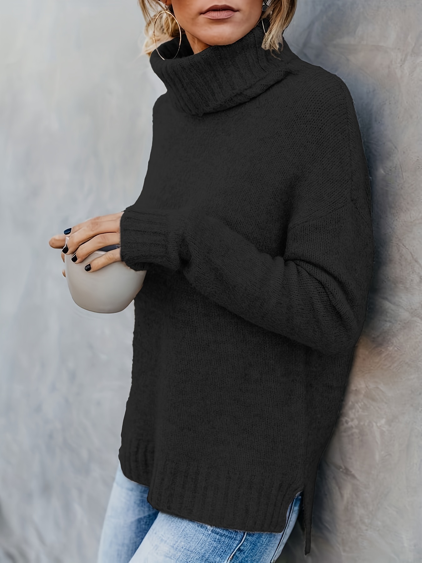 Mujer punto otoño invierno jersey medio cuello alto lana slim-fit