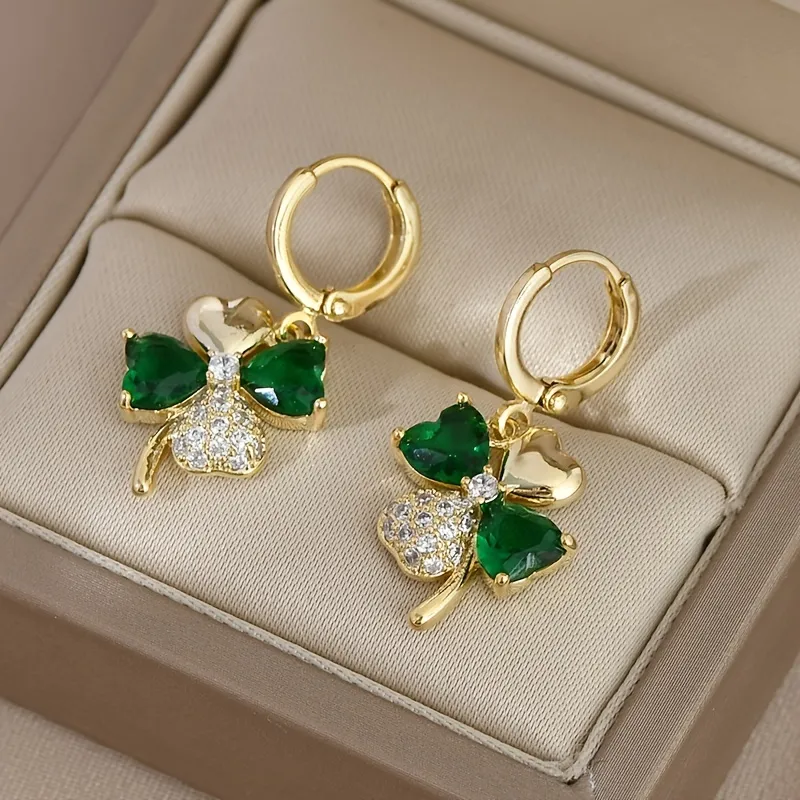 18K Gold and Emeralds Four Leaf Clover Stud Earrings 