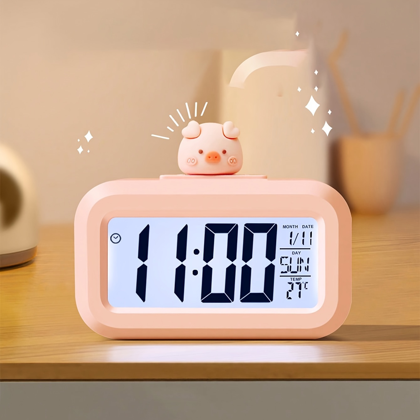 Battery Digital Alarm Clock, Lcd Clock Electronic For Bedroom Home Office ,  With Date,indoor Temperature Girl-pink