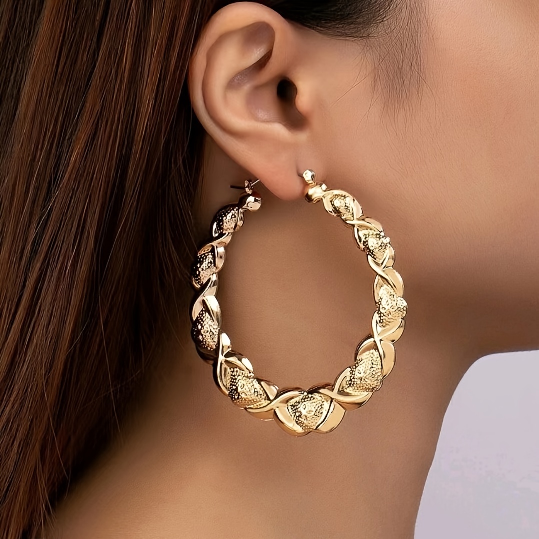 

Golden Geometric Pattern Exaggerated Hoop Earrings Retro Elegant Style Alloy Jewelry Female Ear Ornaments