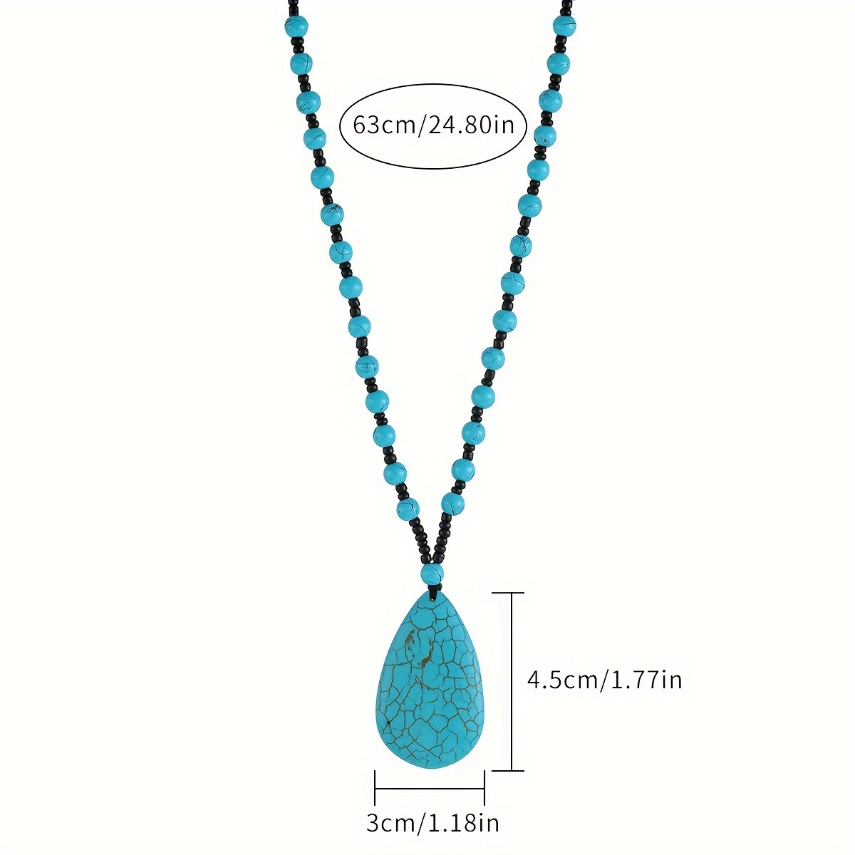 Boho Turquoise Teardrop Pendant Necklace with Beads & Cracked Stone