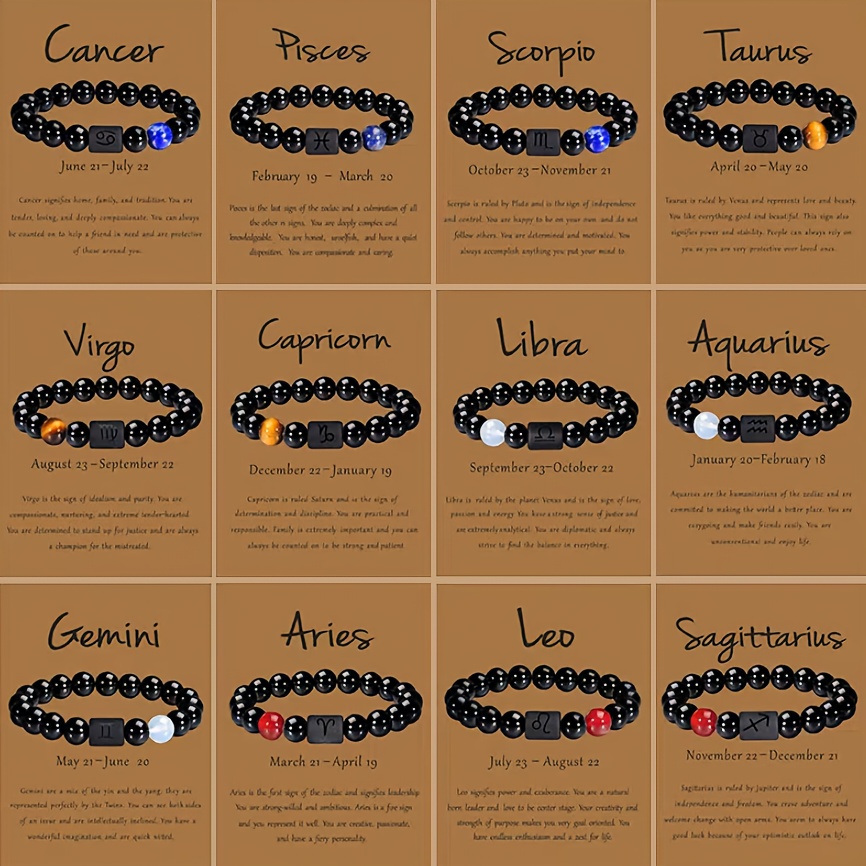 

1pc Unisex 12 Constellation Signs Beads Bracelet, Black Stone Elastic Bracelet, Couples Bracelet, Charm Bracelet For Women Men Birthday Gift, Leo, Taurus, Capricorn, Libra Bracelet