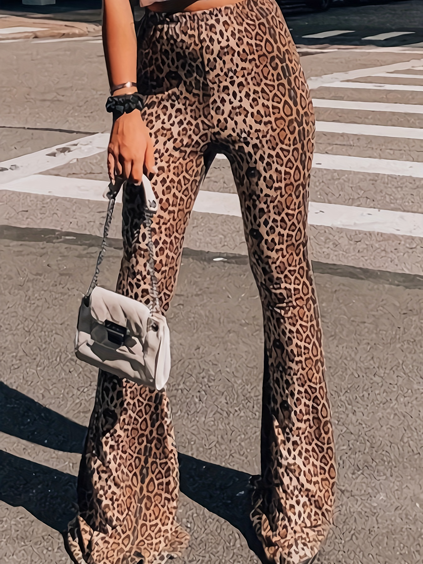 Leopard Print Flare Leg Pants Elegant Long Length Pants - Temu Canada