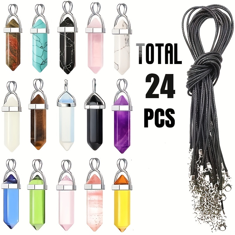 

24pcs Crystal Chakra Pendants Crystal Pendants With Multicolor Shine & Black Leather Necklace Chain - Stylish Jewelry Making Set!