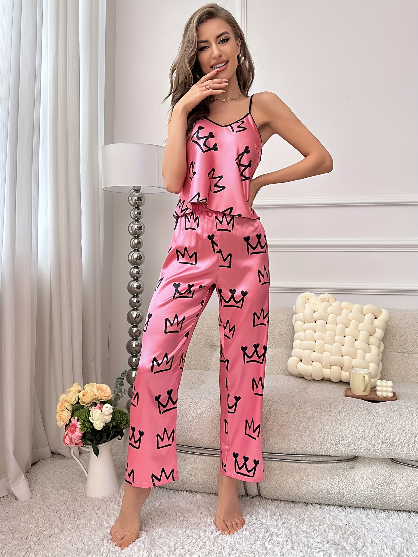 Vrtige Women's Satin V Neck Pajama Set Cute Printed Cami Top With