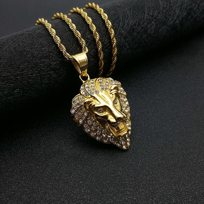 Hip Hop Jewelry Gold Crown Lion Head Pendant , Clear Rhinestones 