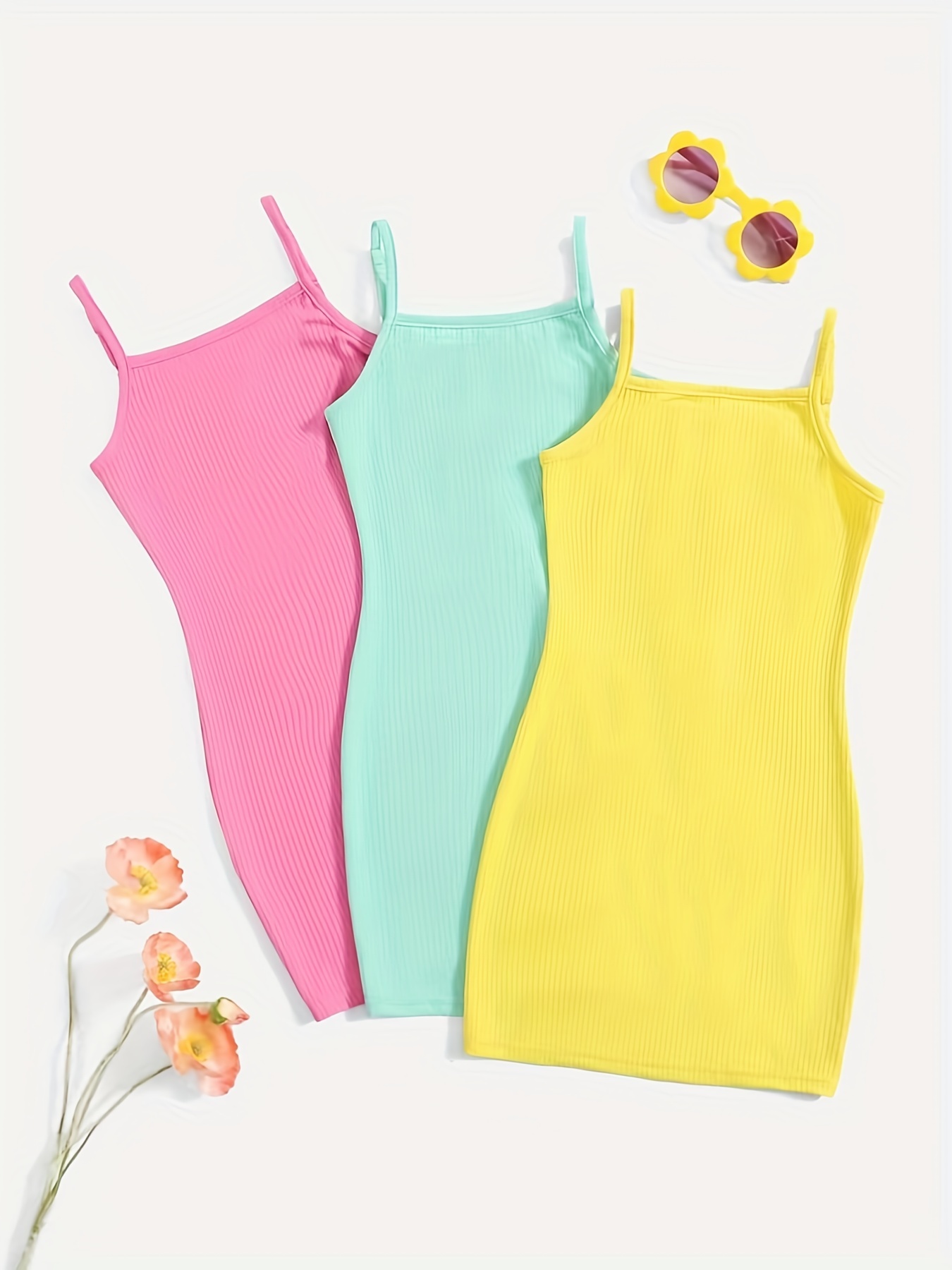 3pcs Toddler Girls Solid Ribbed Casual Cami Dress For Party Kids Summer Clothes