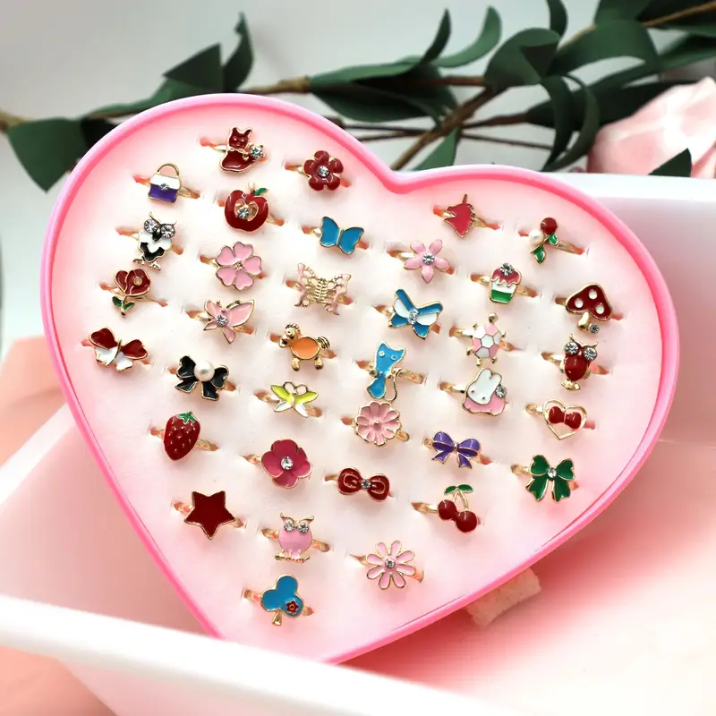 Little Girl Jewel Rings in Box, Adjustable,Children Kids Jewelry Rings Set with Heart Shape Display Case, Girl Pretend Play and Dress Up Rings (36