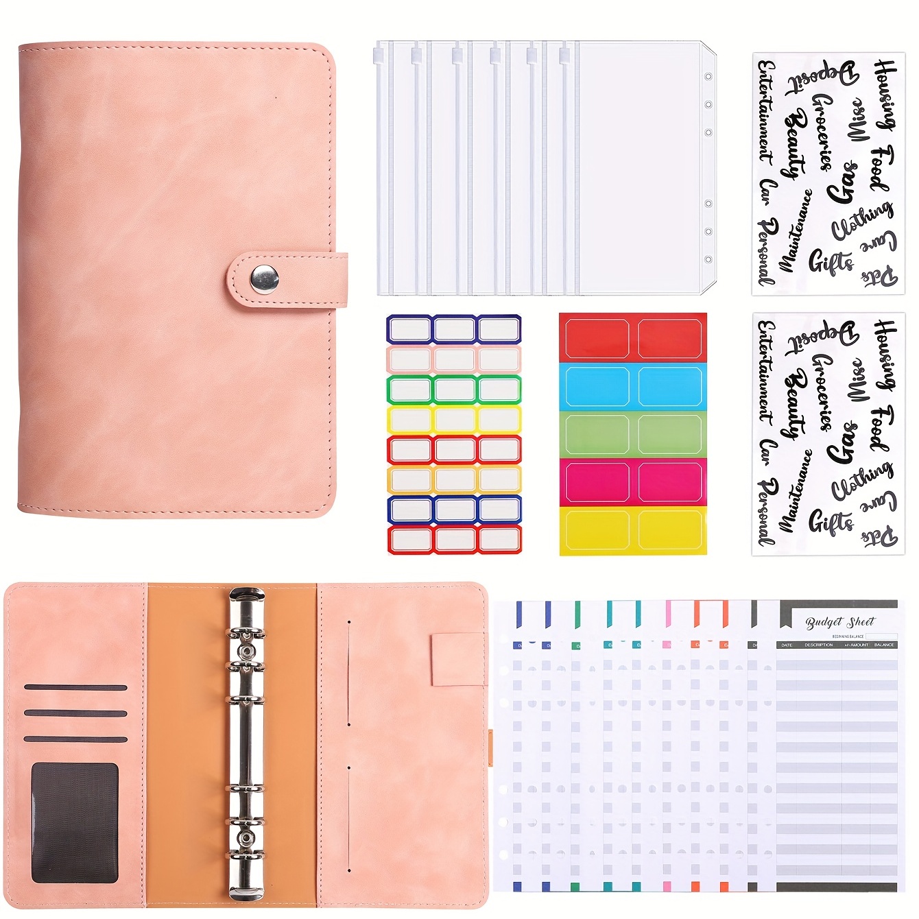 

Organize Your Finances In Style With This Soft Faux Leather Binder Set - Includes 6 Zipper Bags, 12 Budget Cards, And 8 Stickers!