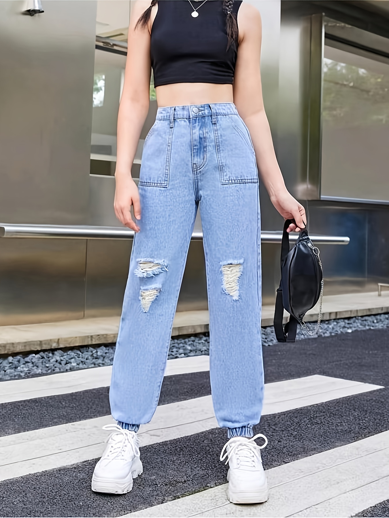 Everyday Girls Casual Ripped Jogger Jeans Elastic Waist Casual Denim Pants