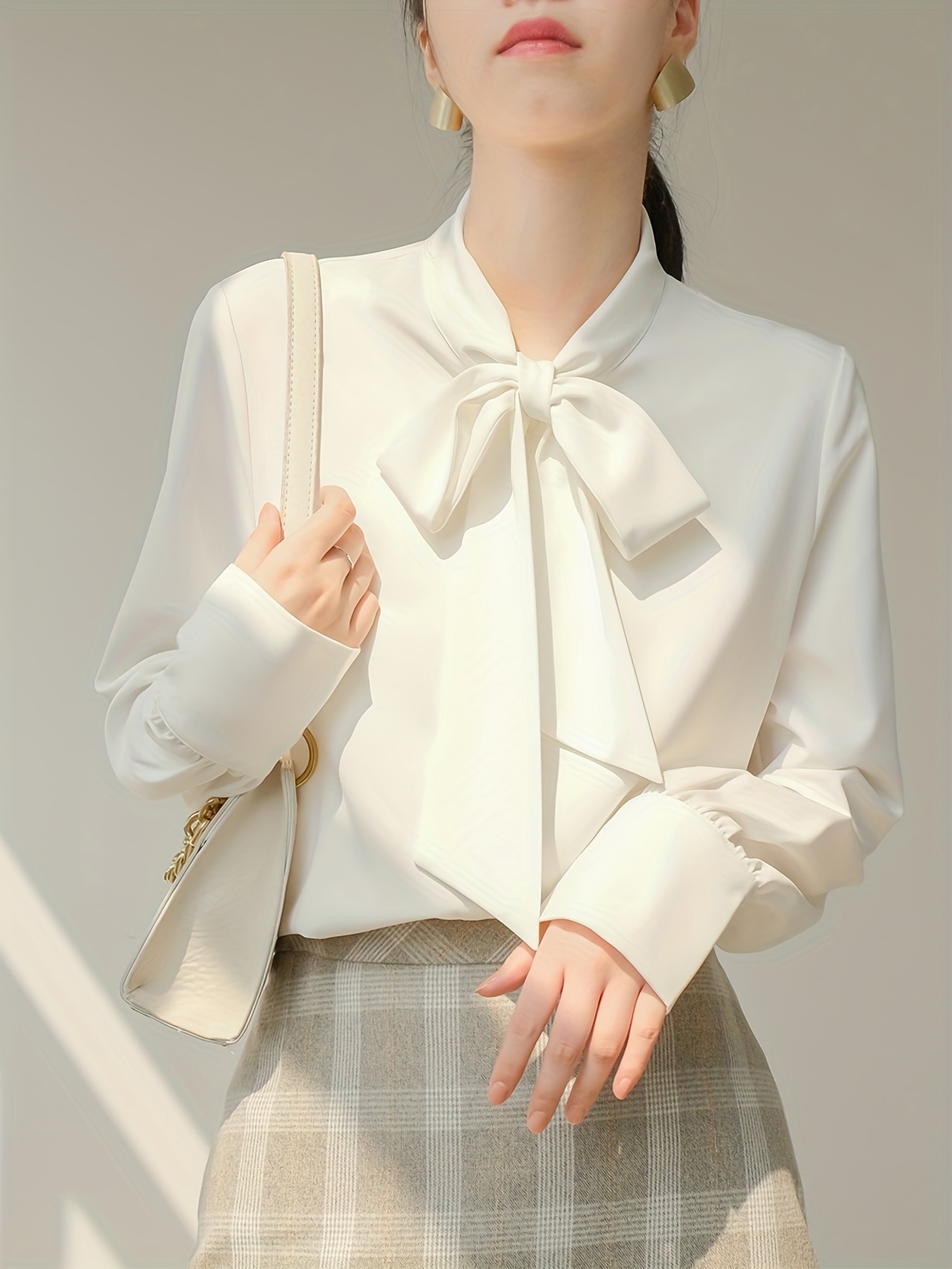 Elegante blusa de gasa de manga larga para mujer, cárdigan, camisa de  fondo, cuello de pajarita a la moda, camisas blancas de ot