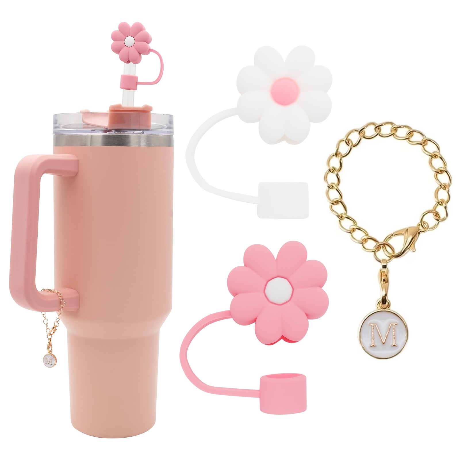2pcs Straw Tip Cover And 1pc Initial Letter Charm Set For Stanley Cup,  Flower Silicone Straw Protector For 10mm Straw, Tumblers Accessories (2pcs  Flowers+m Charm, No Cup)