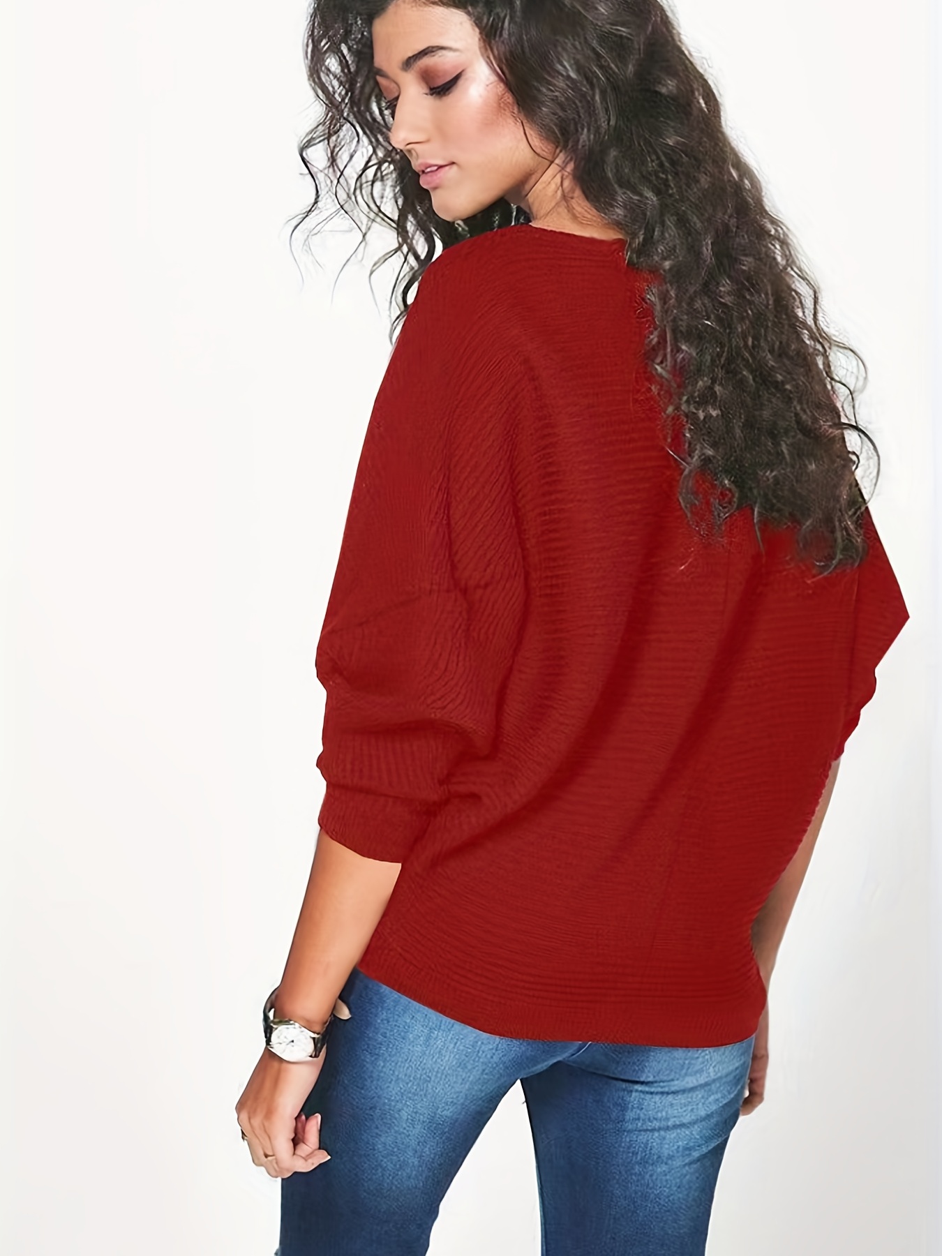 solid boat neck pullover sweater casual batwing sleeve drop shoulder sweater womens clothing red 1