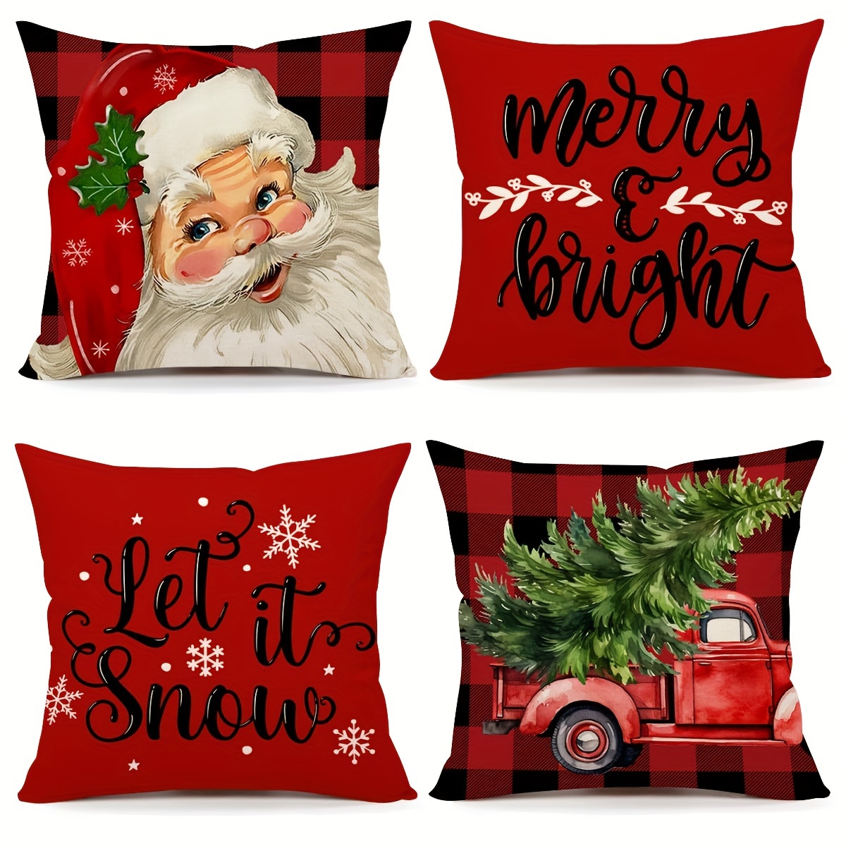 TEMU 4pcs Santa & Car Print Blend Throw Pillow Covers - Zip Closure, Machine Washable For Home Decor