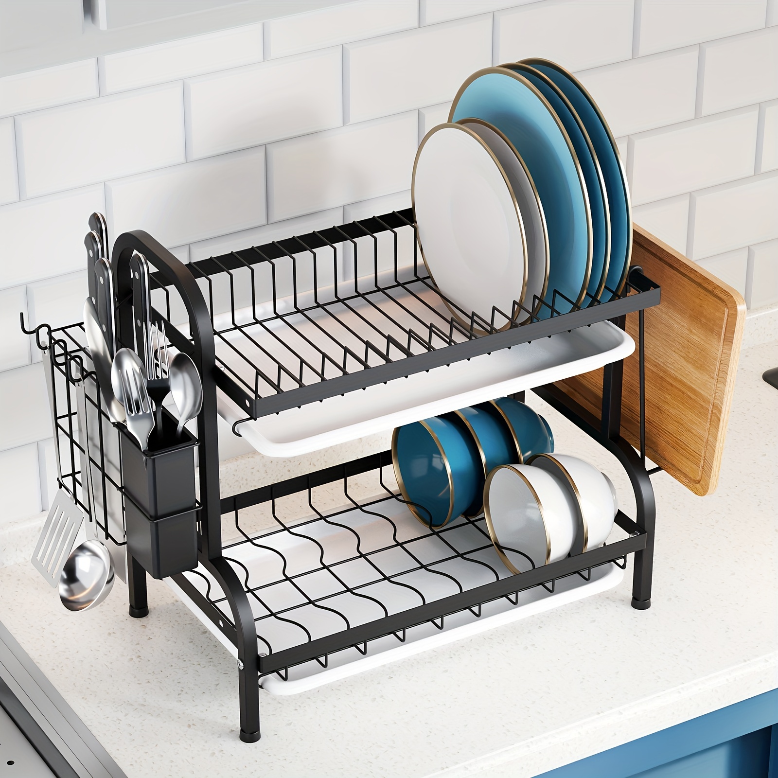 2-tier Dish Drying Rack For Kitchen, With Drainboard Rust-resistant Compact  Dish Drainer, With Utensil Holder, Cutting Board Holder, For Kitchen  Counter, Black - Temu