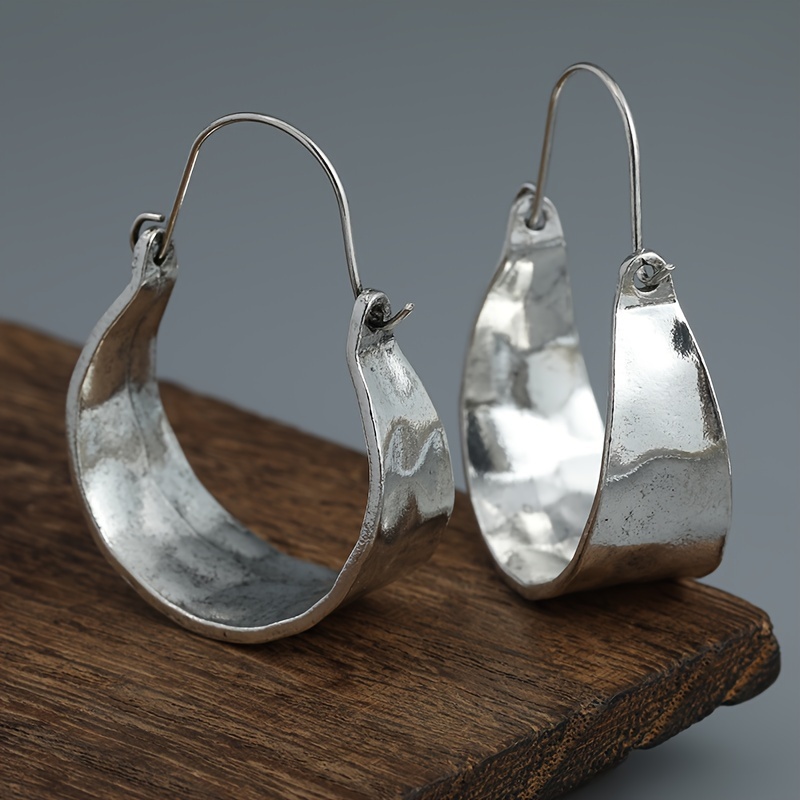 TEMU Aros grandes de color plata Argentium, aros grandes martillados, aros tipo cesta, joyería bohemia de orfebrería