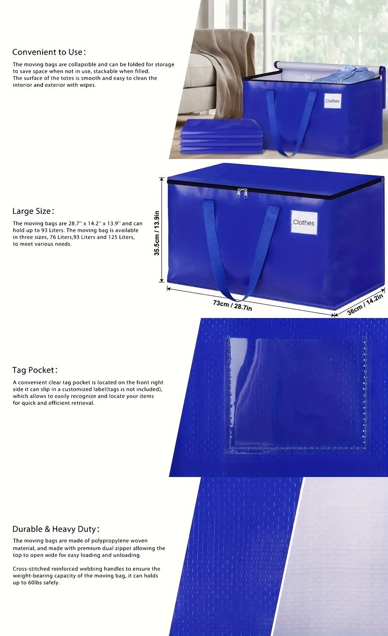 2Pcs Heavy Duty Extra Large Storage Bags Blue Moving Bag for