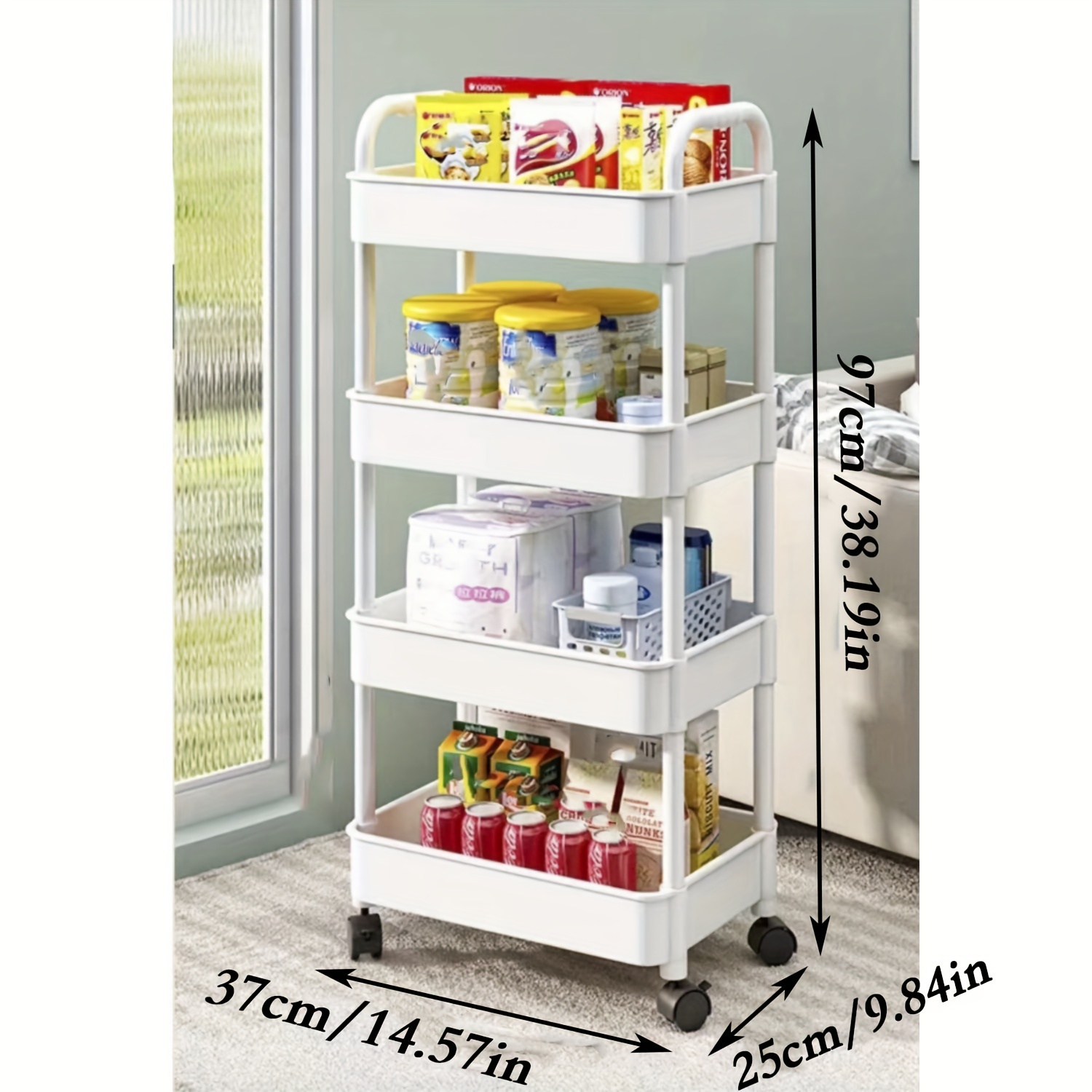 4-Tier Plastic Utility Rolling Cart with Wheels, Mobile Storage Shelves  Organizer, Snack Cart Organizer, Multi-Functional Storage Trolley for  Kitchen, Bathroom, Living Room, Office, Dorm, White