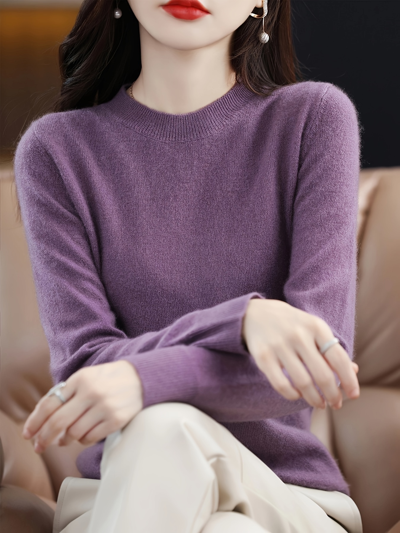 solid color crew neck sweater versatile long sleeve sweater for fall winter womens clothing purple 2