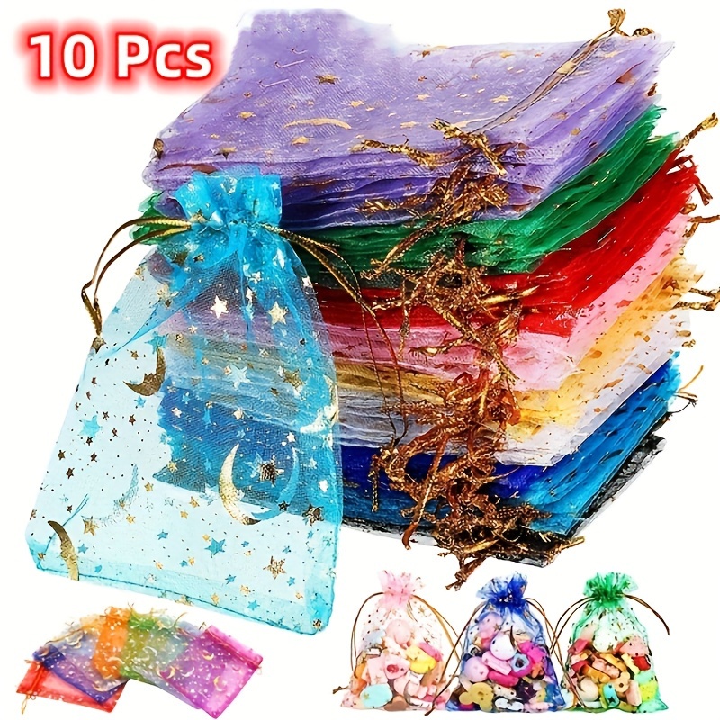 TEMU 200/10 Piezas Bolsas De Organza Con Cordón De Color Mezclado Luna Estrella, Joyas Regalos Boda Fiesta Dulces Favores Bolsas De Embalaje, Día De