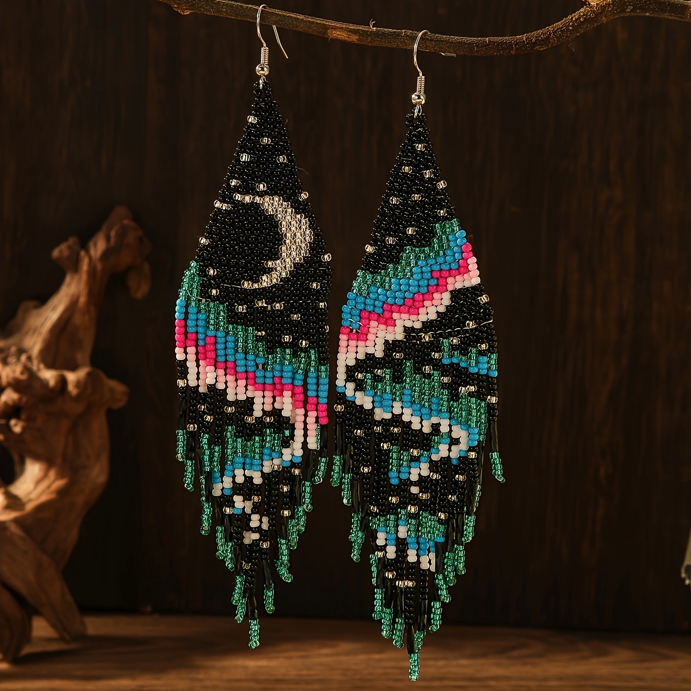 Beaded Tassel Moon Pattern Colorful Dangle Earrings Bohemian - Temu